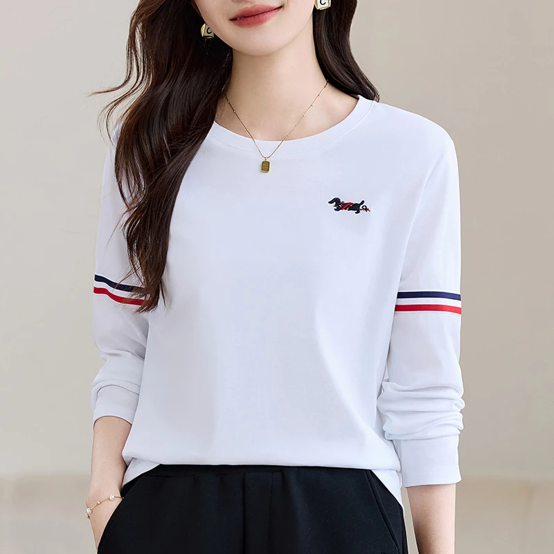 白色长袖t恤女春秋打底衫2025新款春季爆款洋气女装正肩内搭上衣