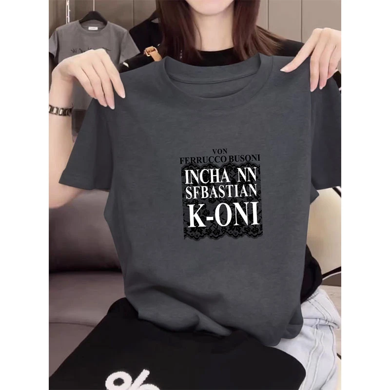 2025新款春夏季设计感小众正肩印花短袖t恤女时尚百搭炭灰色上衣