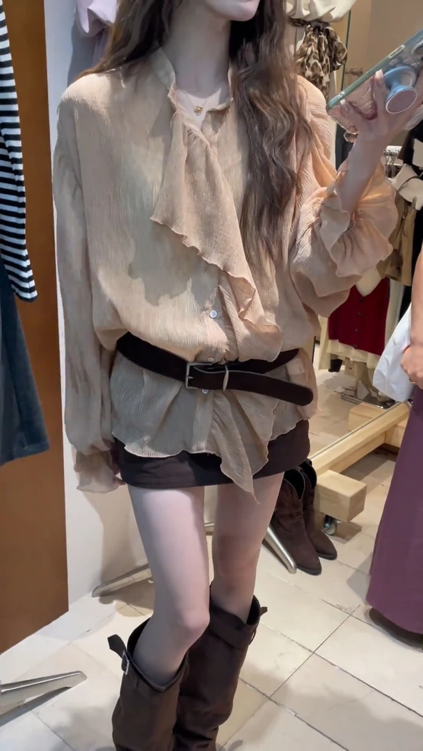 2025早秋新款女装韩系穿搭法式荷叶边减龄衬衫咖色高腰半身短裙子