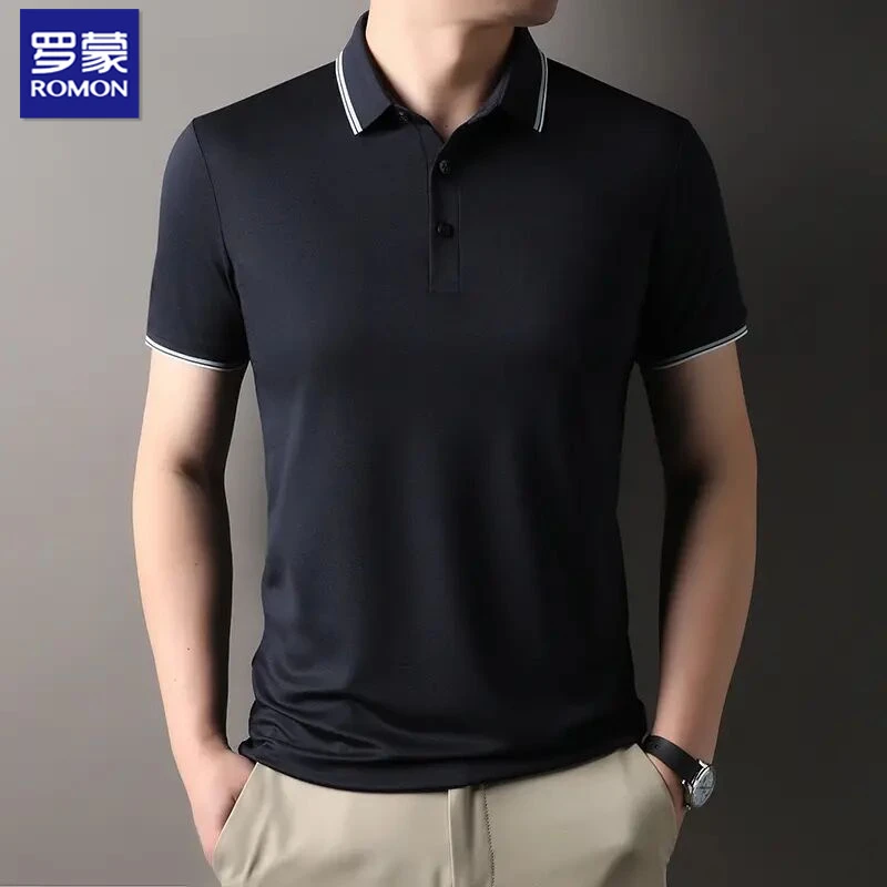 罗蒙含桑蚕丝男士短袖T恤夏季新款时尚休闲纯色潮流打底POLO衫男