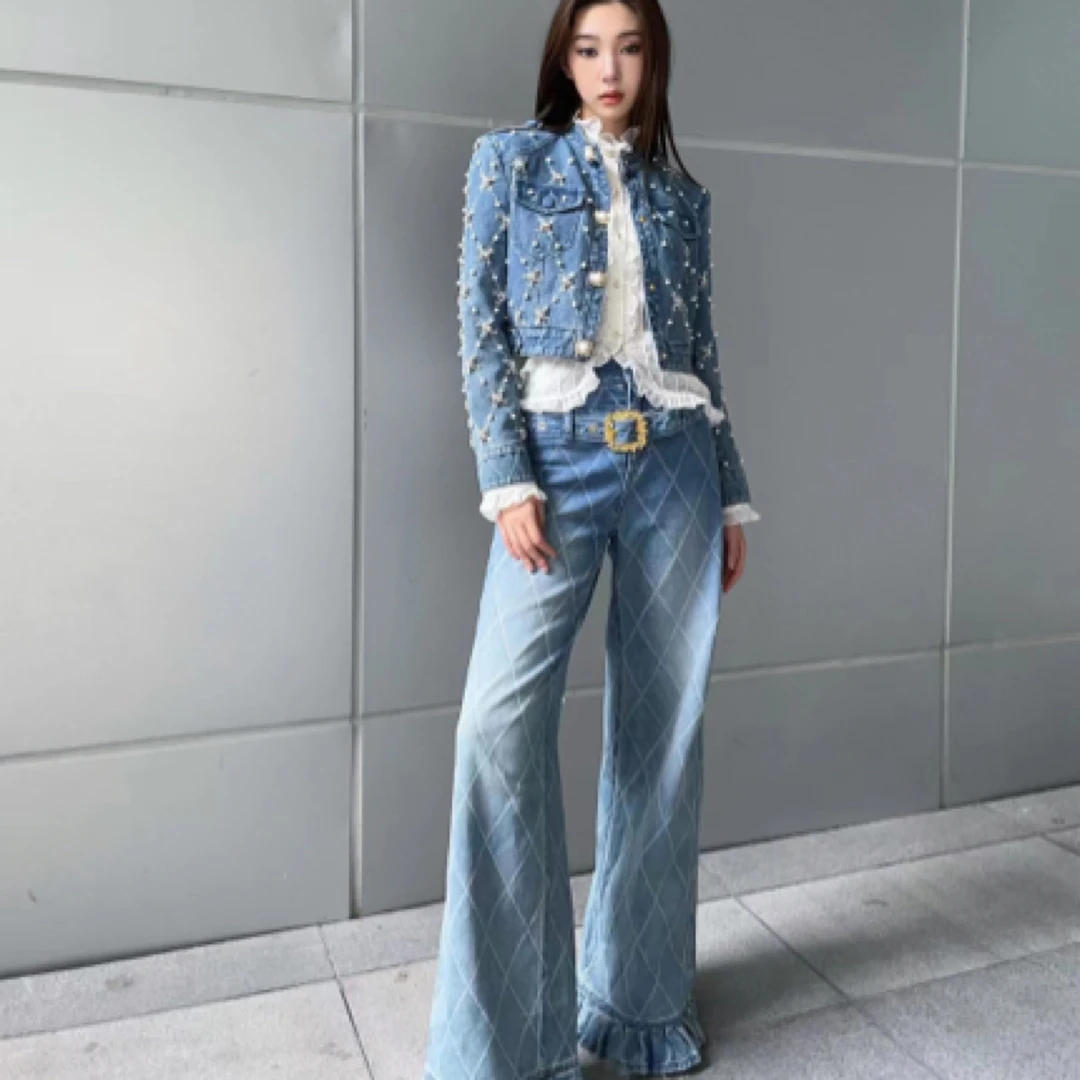 木子店牛仔重工订珠外套长裤