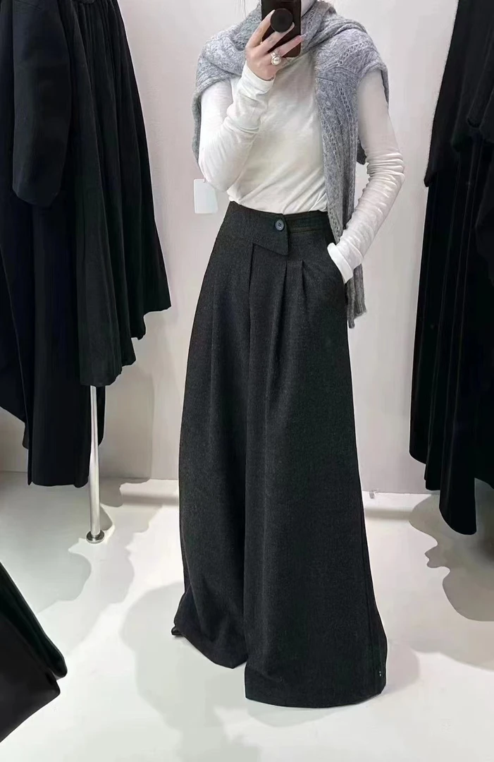 休闲拖地阔腿裤慵懒显瘦宽松呢子休闲裤2025新款高腰垂感长裤女