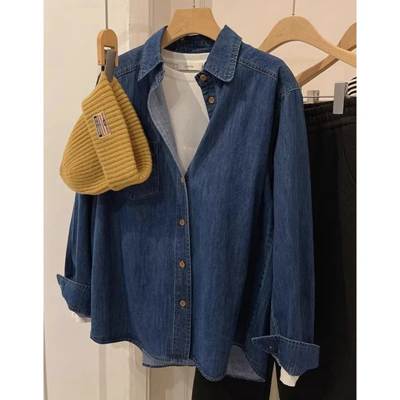 蓝色复古牛仔衬衫外套女秋季正肩上衣设计感小众小个子叠穿衬衣秋