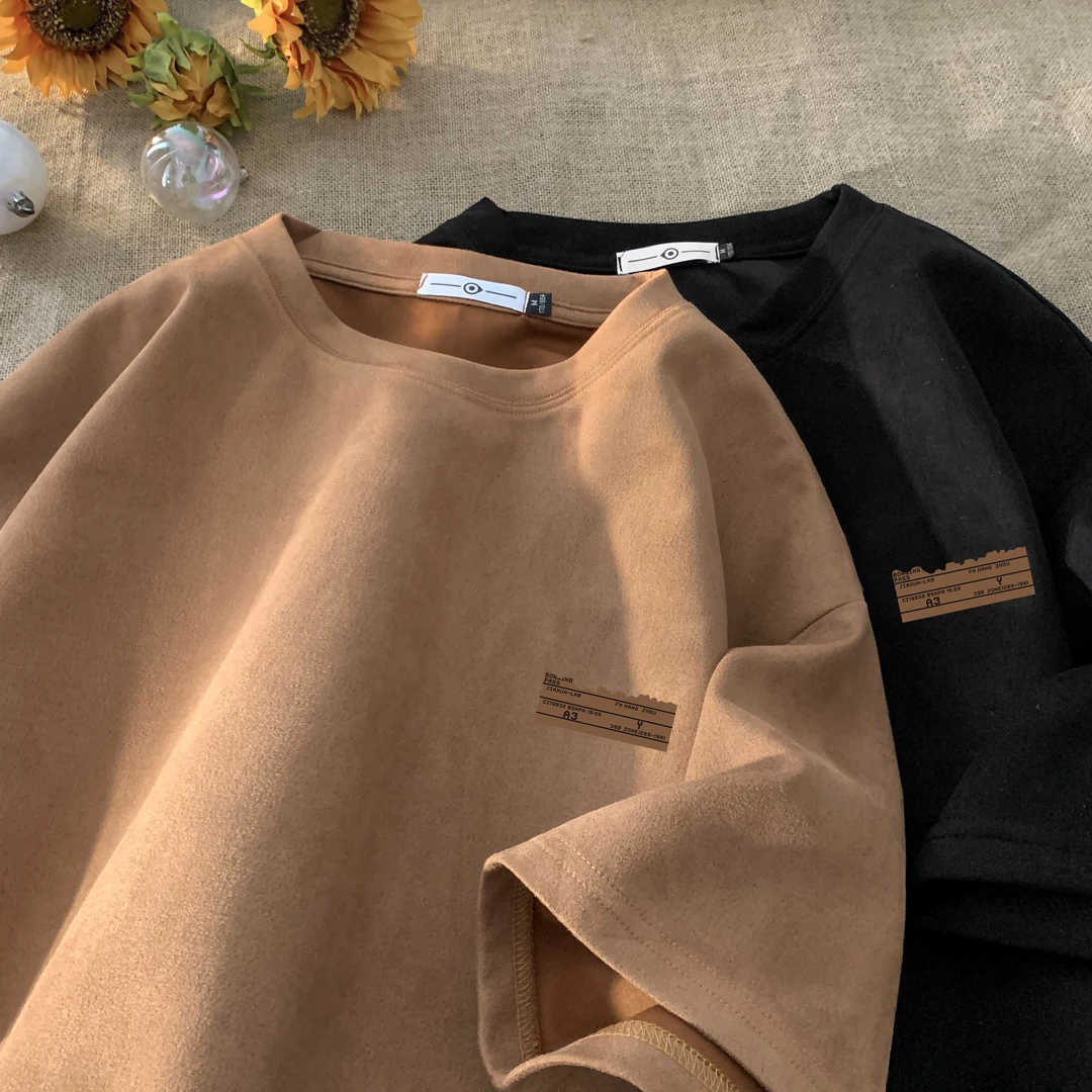 仿麂皮绒短袖T恤男夏季2025新款男上衣美式重磅半袖潮流男士体恤