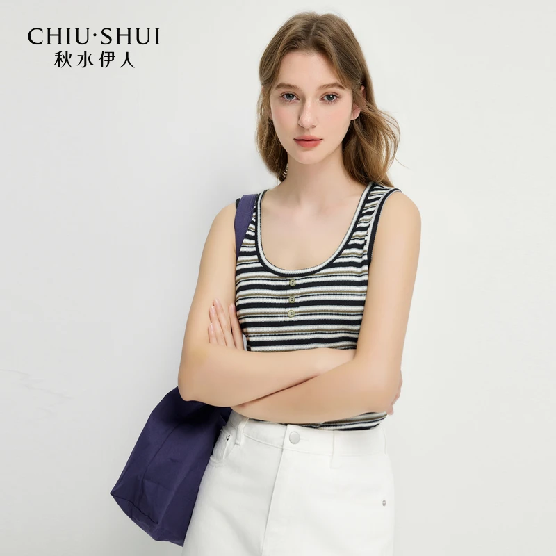 秋水伊人条纹U型领背心吊带2025年春新款女休闲上衣625101B890303