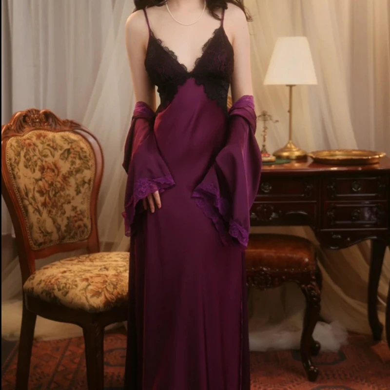 （一套）睡衣女士夏季冰丝性感美背带胸垫吊带睡裙夏天可外穿家居