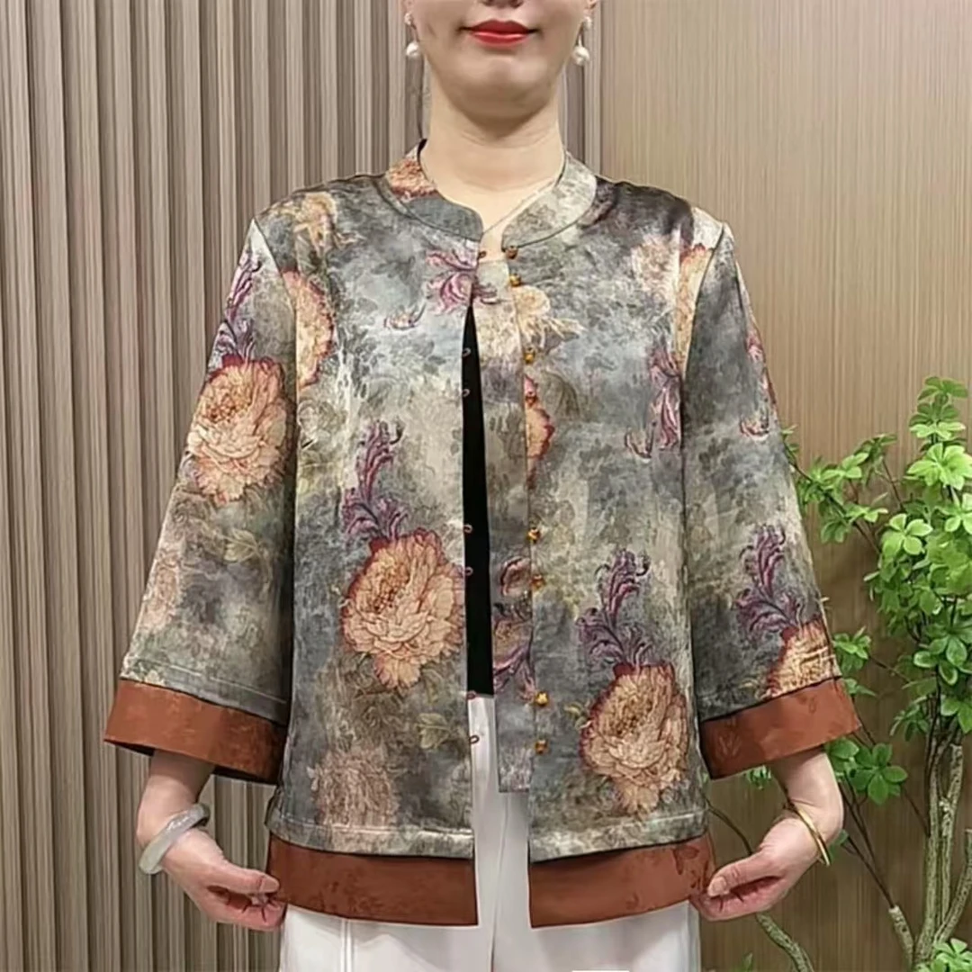 8587妈妈装春夏新中式国风衬衫中老年女装大码宽松七分袖开衫上衣