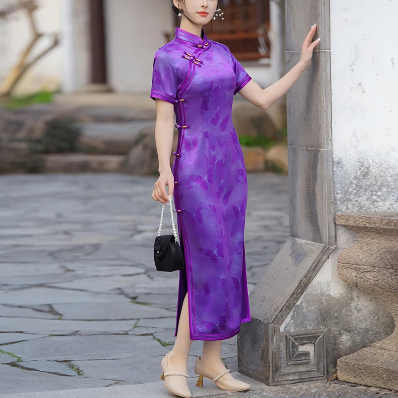 新中式旗袍2025夏季新款老上海日常可穿改良藏青裙子素雅国风礼服