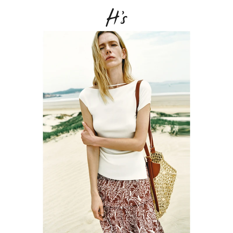 H'S曲珠弹力针织衫女25夏新款设计感不对称露