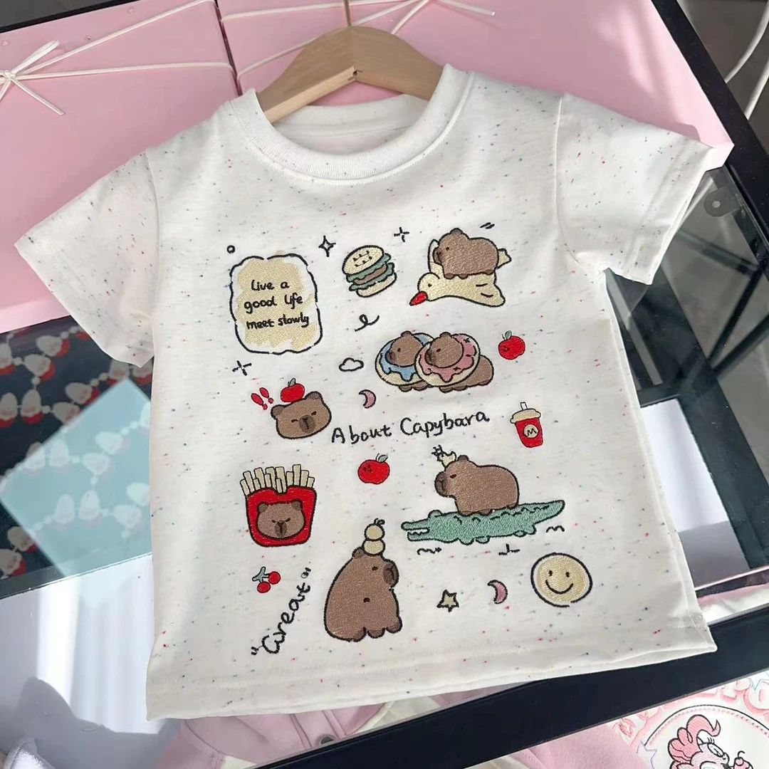 【度假拉】2025年早春夏款儿童休闲卡通夏季刺绣短袖T恤时尚