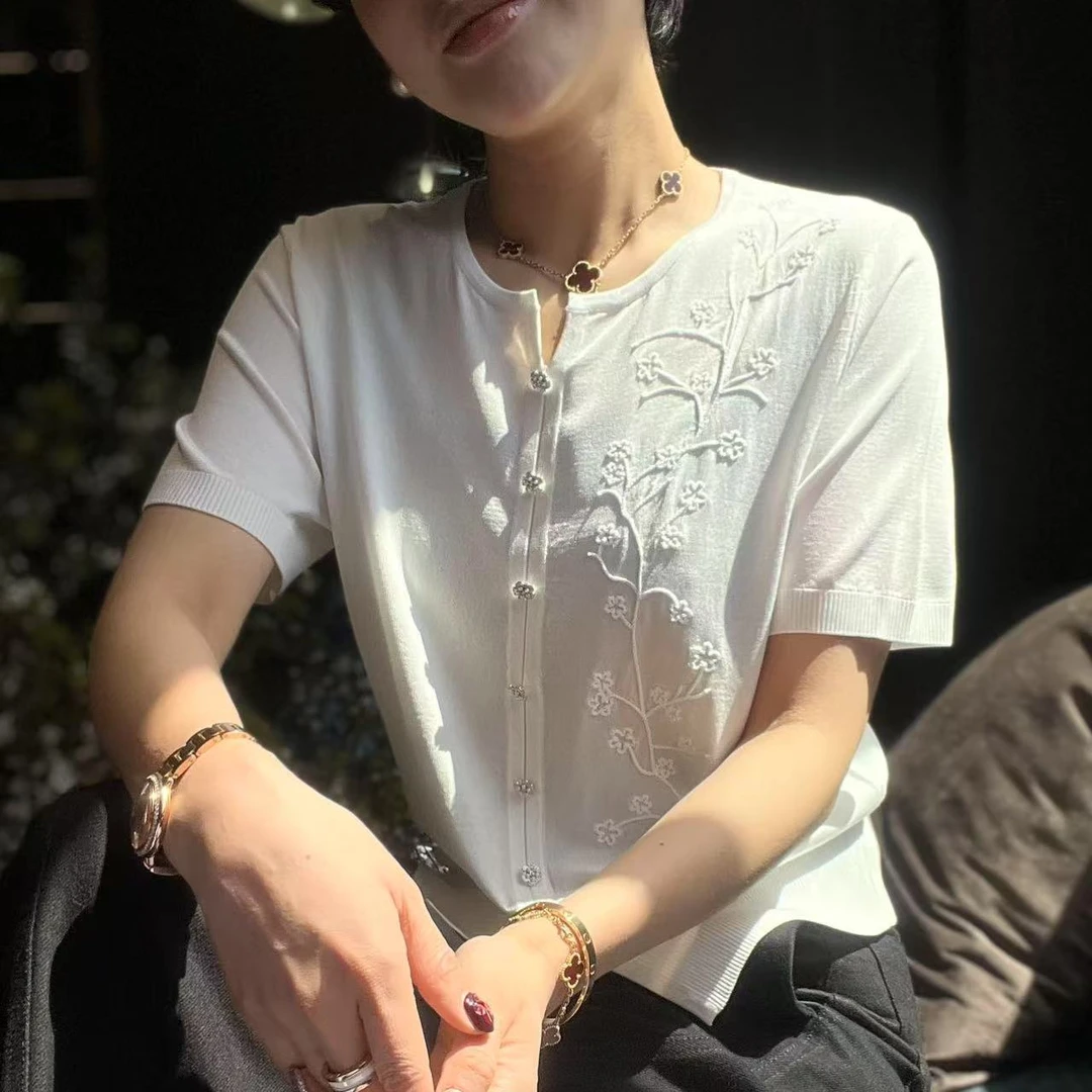 MINGGANG/名港【100支纳米丝】优雅简约风针织短袖 MG8105