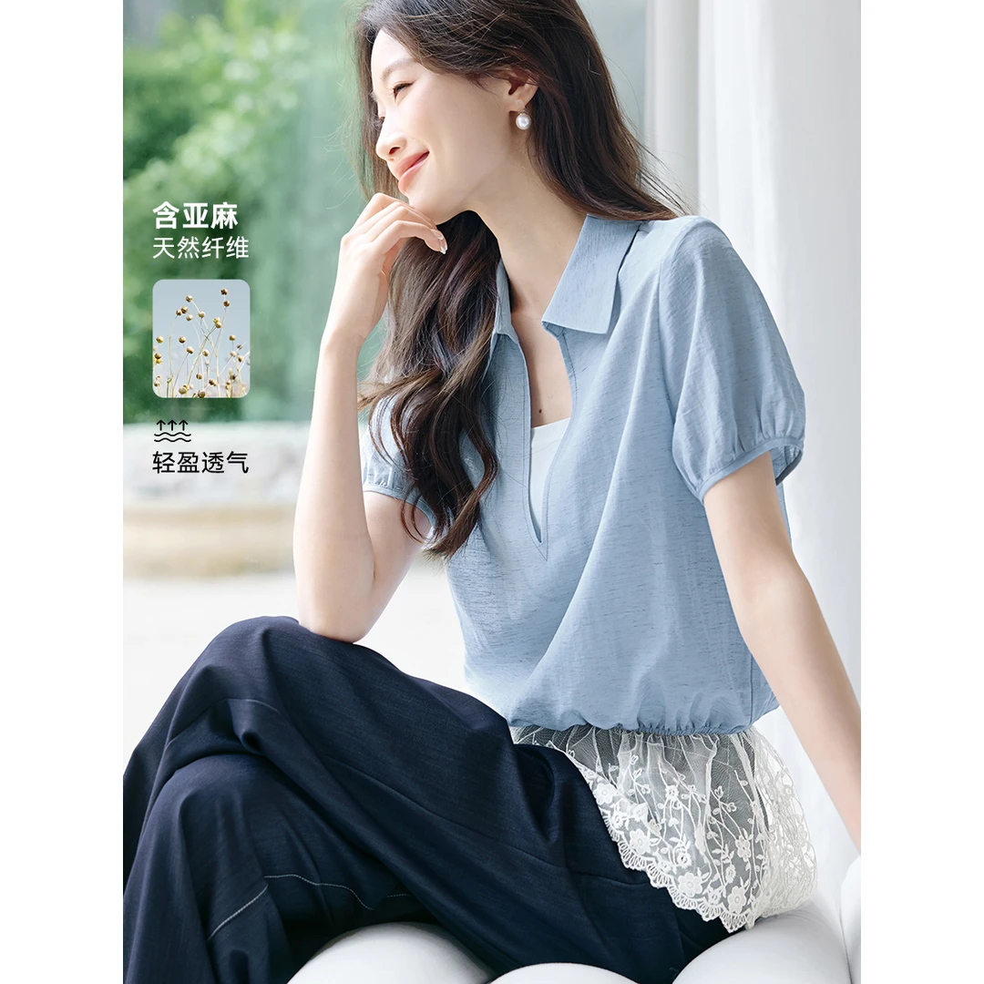 沫晗依美【含麻果调气泡衬衫】25夏季新款衬衫假两件V领短袖上衣女