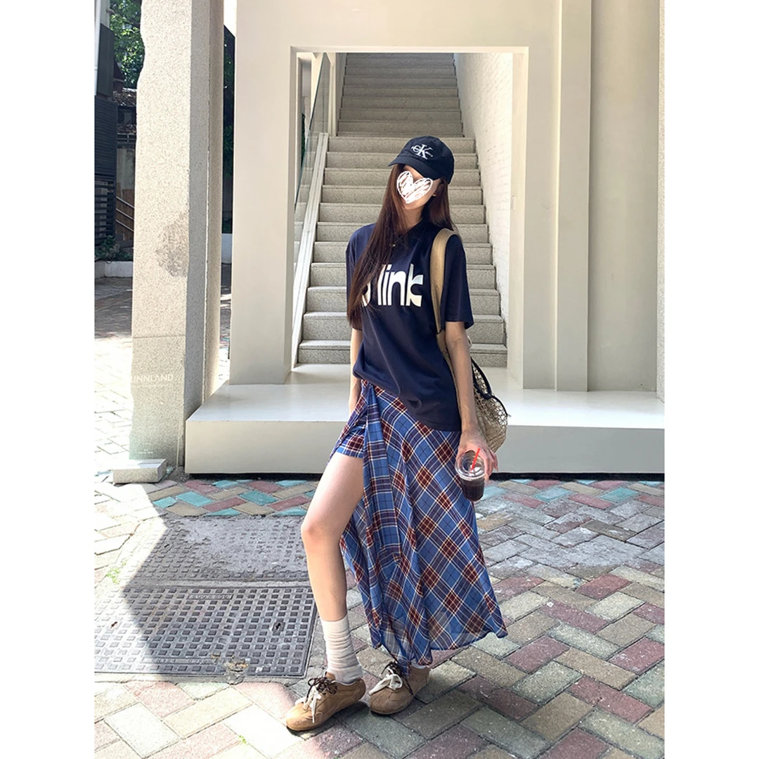 a字半身裙女夏蓝色格子长裙不规则风情万种的裙子+T恤