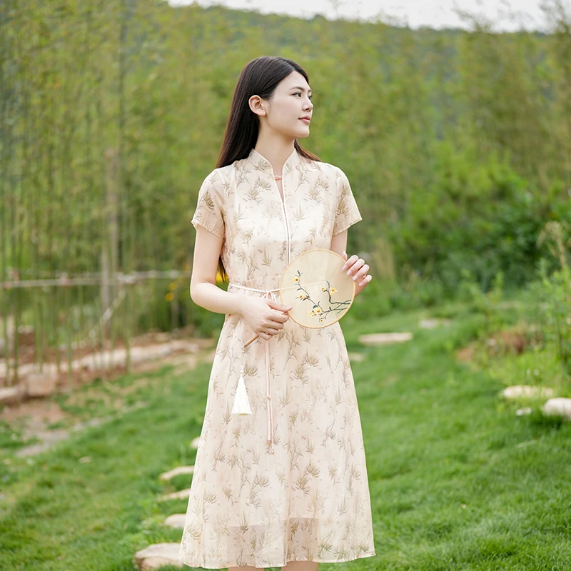 LXDLY31布符夏季国风竹叶包边A摆连衣裙碎花气质优雅女