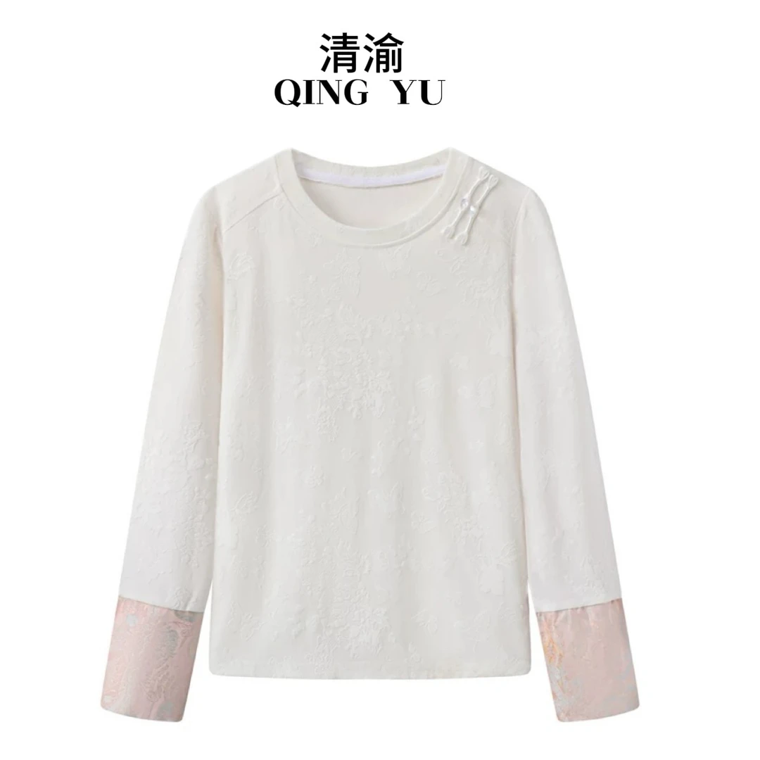 新中式常规款春季新中式女T恤春夏白色长袖t恤圆领小众