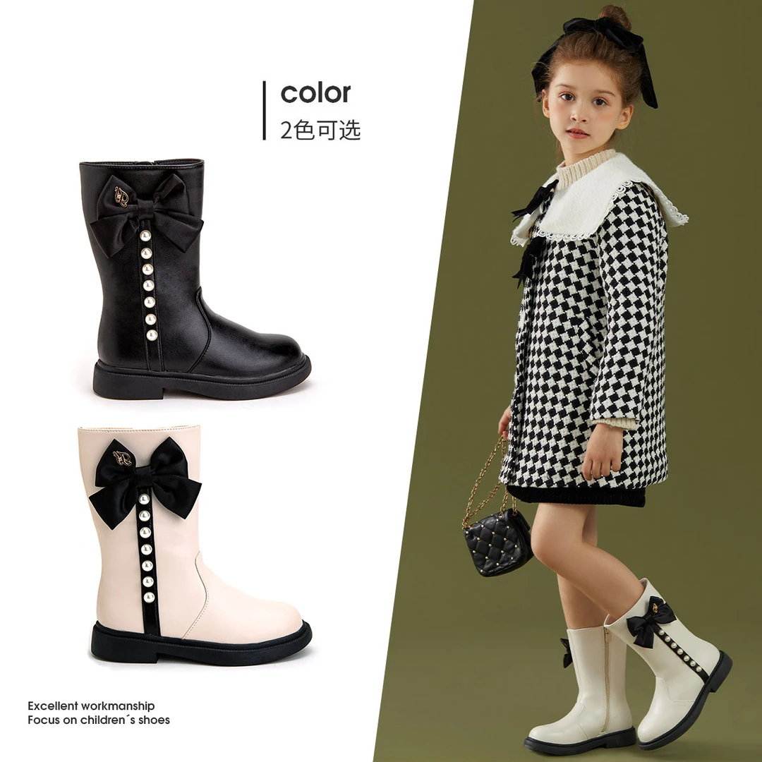 富罗迷女童靴子拉链高筒靴秋冬加绒保暖小女孩优雅长筒靴3D8165