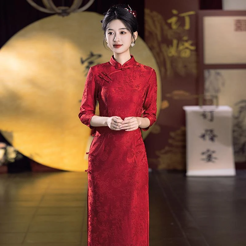 红色旗袍秋冬长袖订婚敬酒服回娘家婚宴装迎宾婚庆礼仪长款礼服