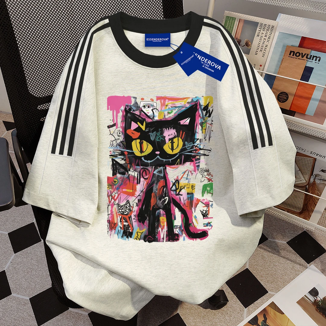 100%纯棉潮流欧美街头三条杠圆领短袖t恤男女夏季宽松情侣上衣ins