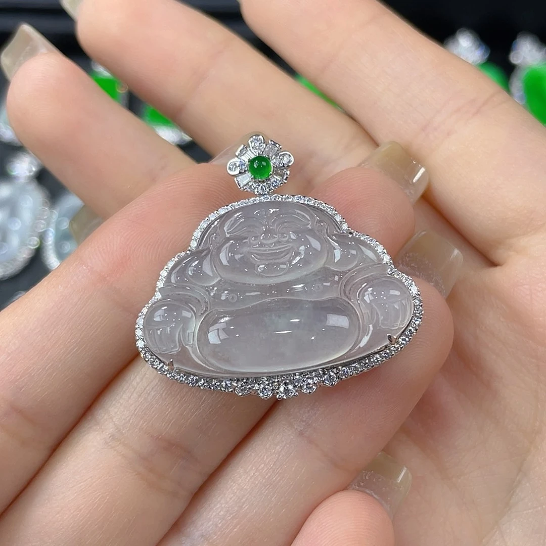 颈饰18K金镶嵌翡翠缅甸翡翠高冰佛公
