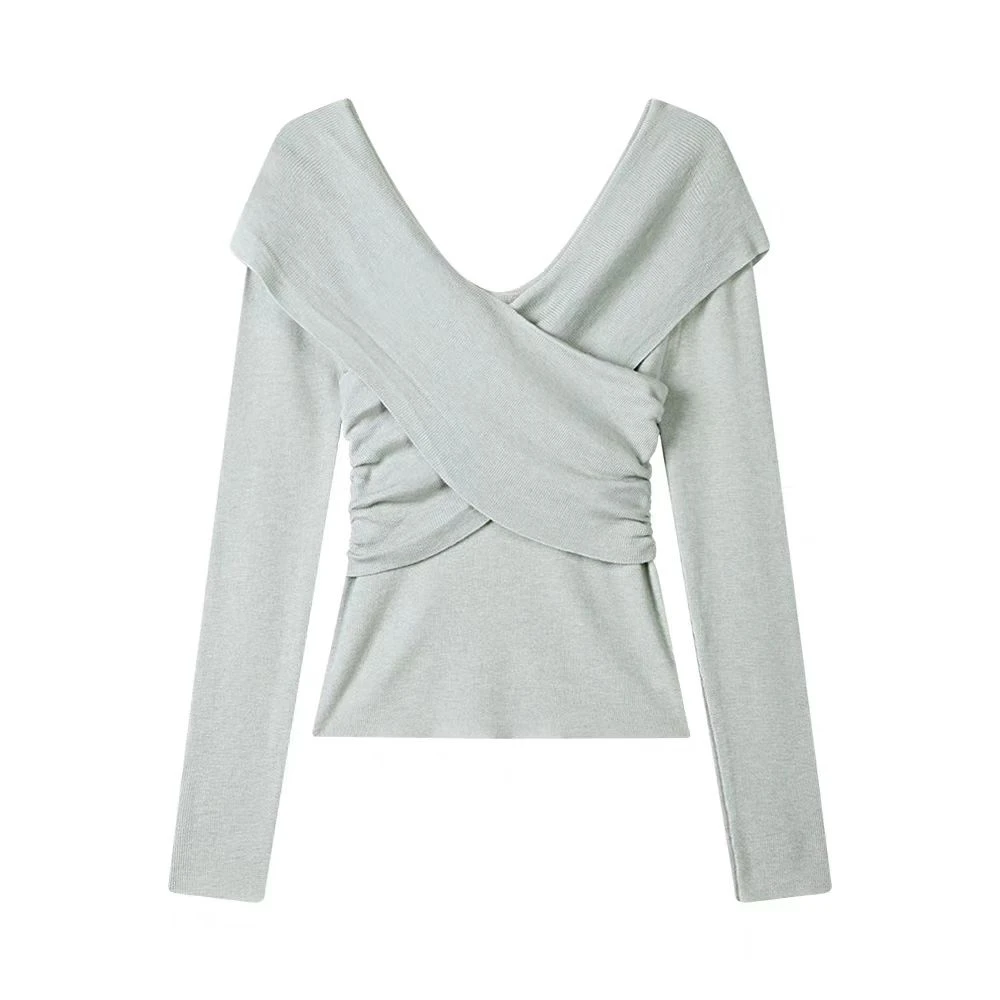 【ZZ严选】989法式交叉修身针织衫女清冷感修身捏褶气质毛衣秋冬