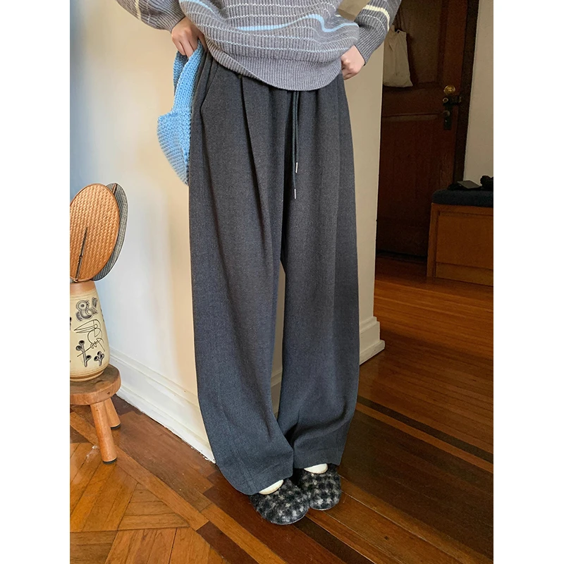 老钱风深灰色呢子休闲裤女秋冬新款高腰抽绳压线设计感阔腿长裤子