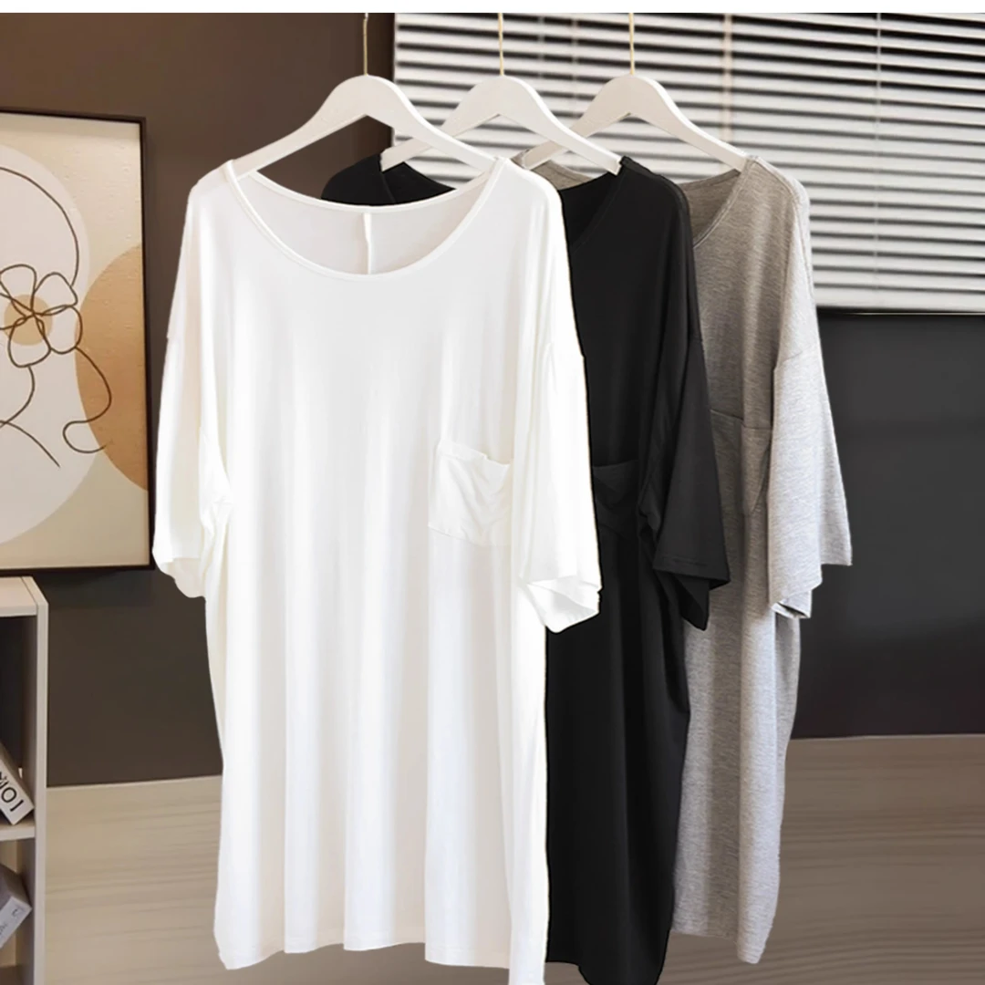 纯色睡裙家居服宽松女夏季薄款莫代尔睡衣女高级感中长款大码胖MM