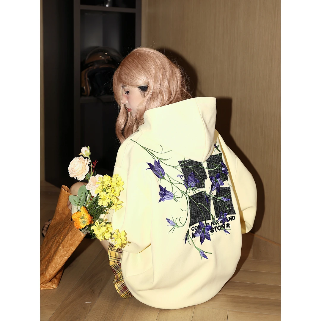 MANYSTON他集美式刺绣连帽开衫卫衣女款春秋季宽松青少年休闲外套