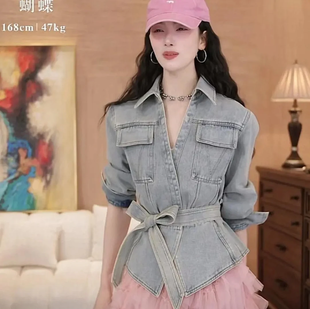 欧货时尚复古洗水做旧牛仔短外套女春季2025新款洋气系带收腰上衣