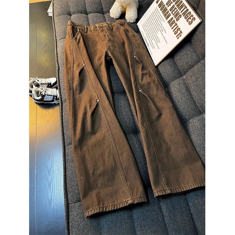 咖色美式斜切纯棉牛仔裤男款秋冬cleanfit柳钉弯刀裤显瘦工装长裤
