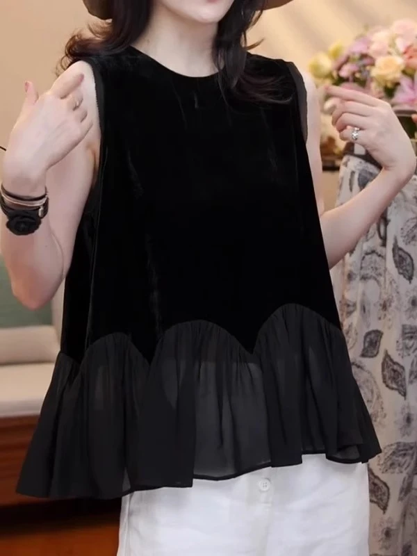 大码女装法式荷叶边背心上衣女2025夏季新款胖mm显瘦拼接网纱无袖