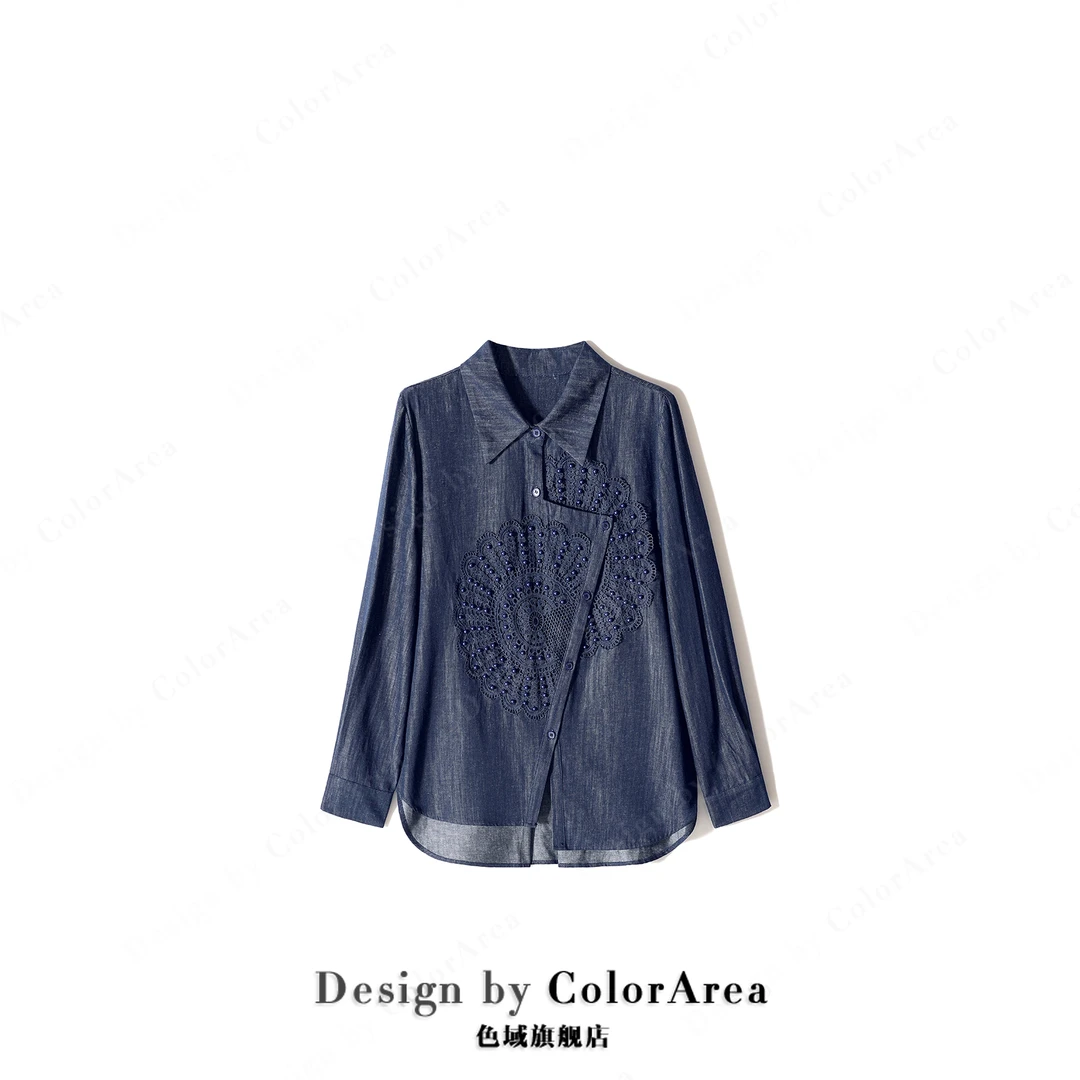 ColorArea/色域春季新款重工刺绣钉珠不规则百搭时尚牛仔衬衫上衣