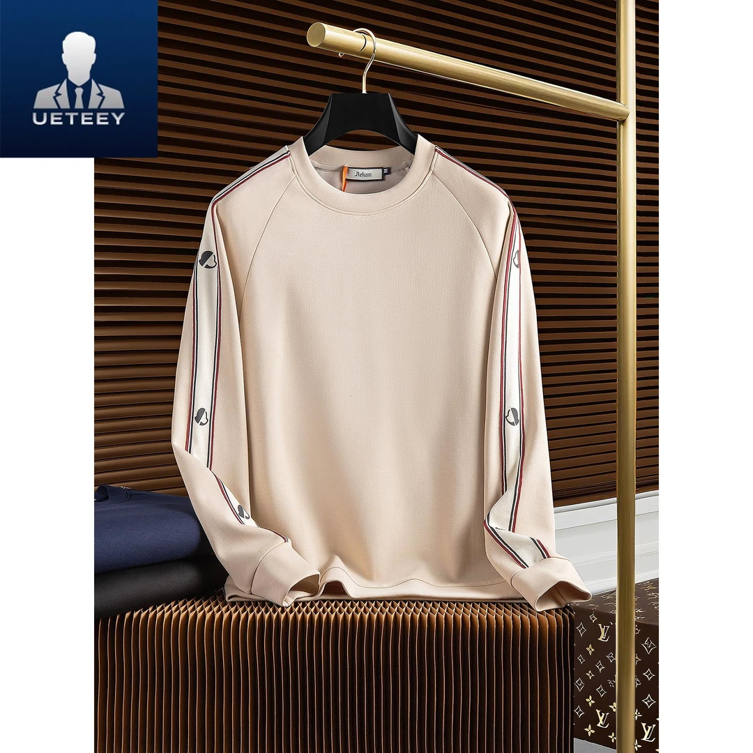 秋冬高端时尚柔软空气层莫代尔撞色拼接男士修身圆领长袖卫衣男款