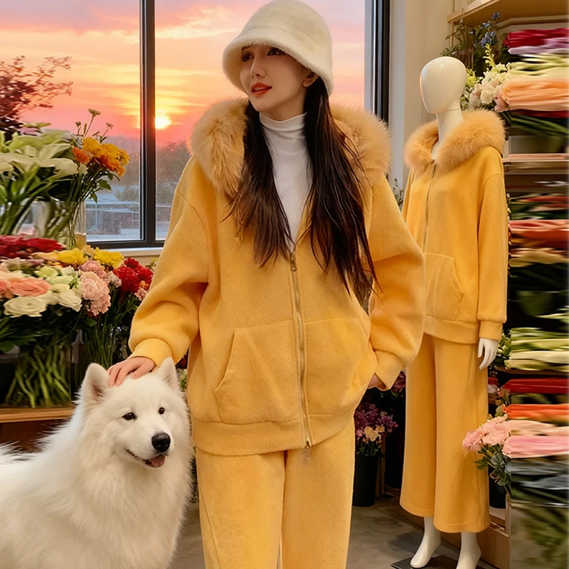 时尚休闲连帽卫衣套装女2025年冬季新款气质减龄外套阔腿裤两件套