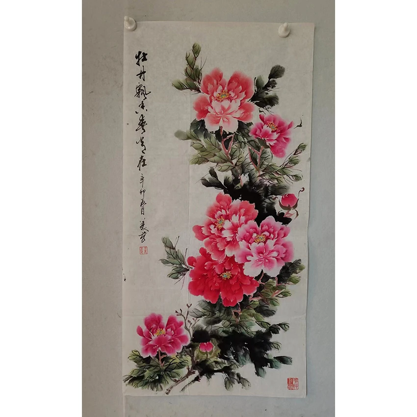 2665  纯手绘老字画《牡丹飘香》中堂  尺寸 100×50