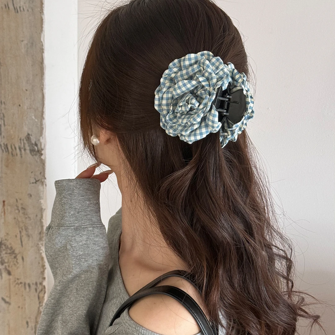 2025新款格子花朵抓夹女高级感2025新款秋冬简约镶钻女款懒人秋冬