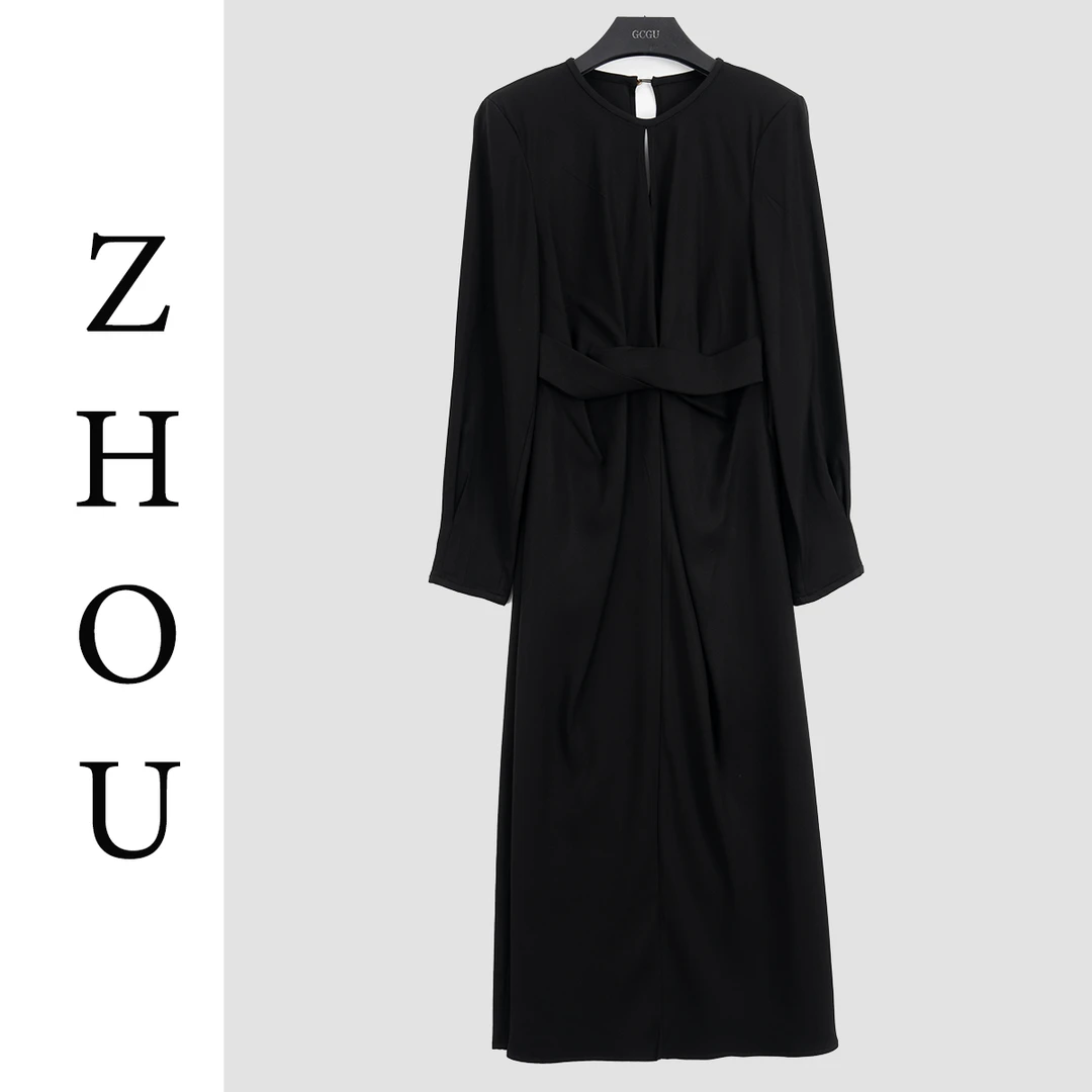 黑色通勤减龄长袖连衣裙-20517