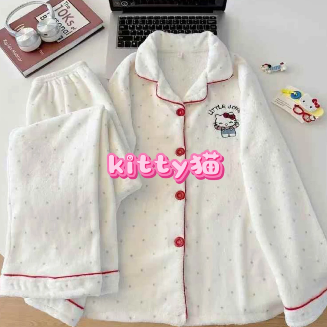 可爱风珊瑚绒长袖长裤睡衣秋冬季保暖家居服