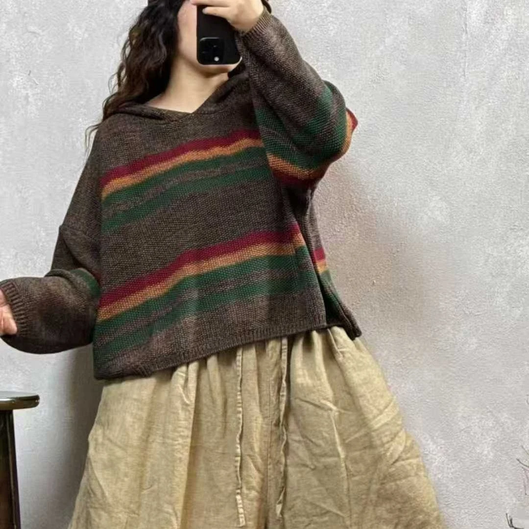 彩条连帽针织衫宽松休闲百搭复古时尚秋冬保暖外穿毛衣上衣