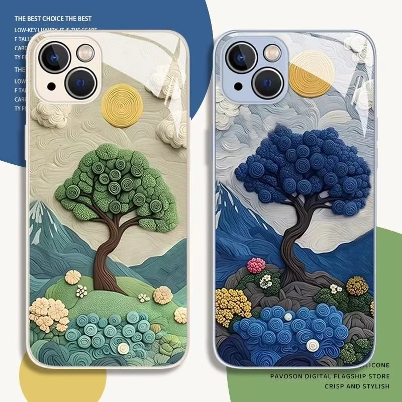 山川花朵适用iPhone16手机壳苹果13新款14pro个性玻璃壳15防摔12