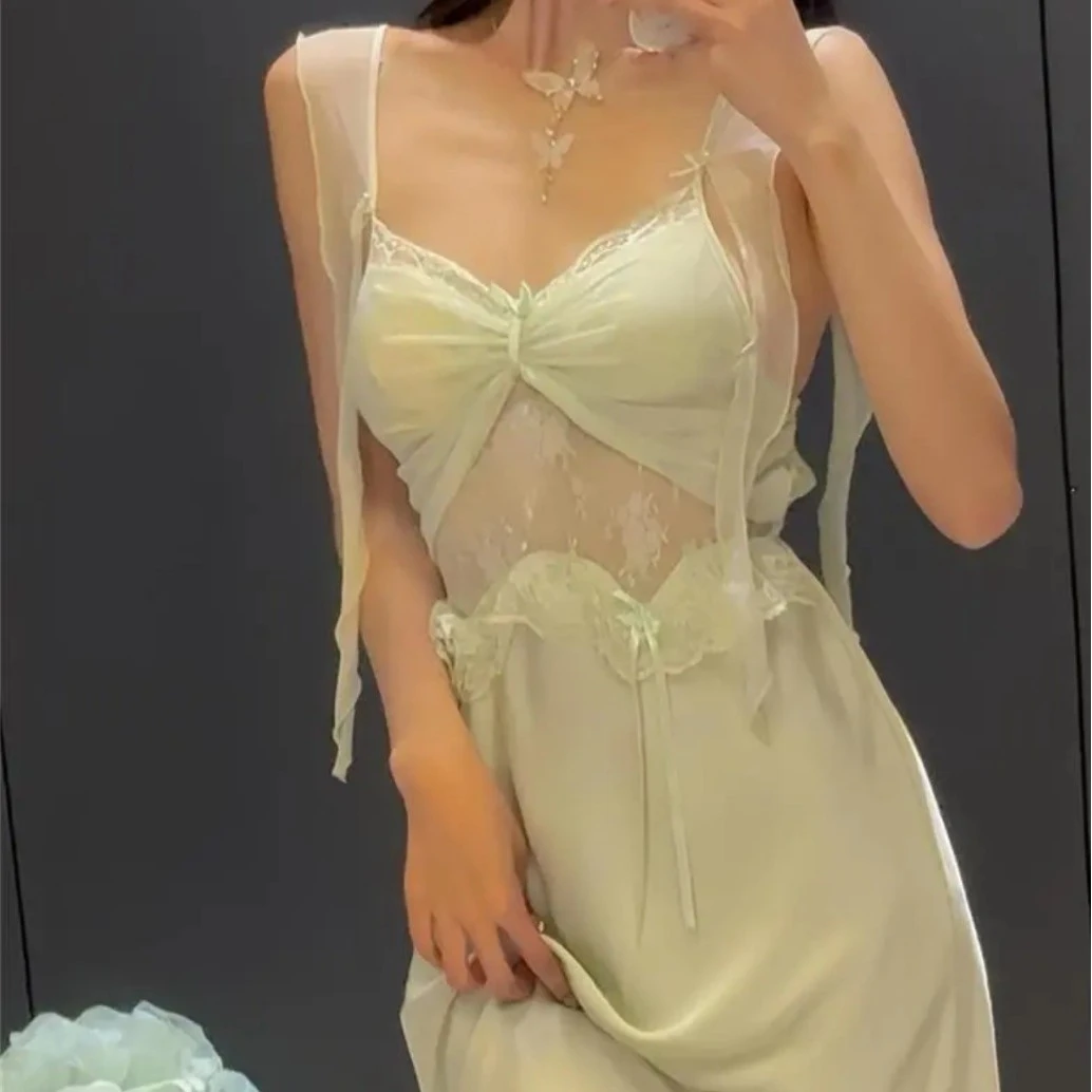 MAIYALUO【洛神花】夏季飘带蕾丝镂空拼纱收腰显瘦仙女睡裙女性感