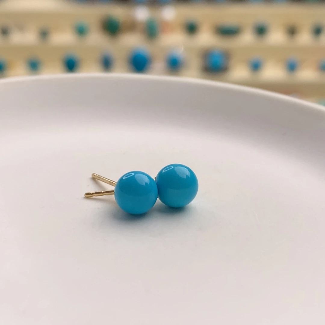 18K金镶嵌绿松石云盖寺精品糖豆耳钉