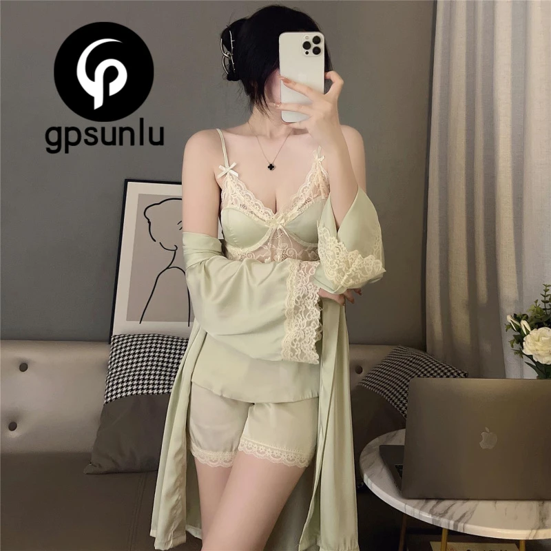 GPSUNLU冰丝睡衣女薄款性感吊带短裤夏款火辣睡袍家居服带胸垫