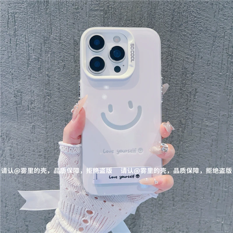 英文笑脸支架彩银适用苹果16手机壳新款华为荣耀vivo小众小米oppo