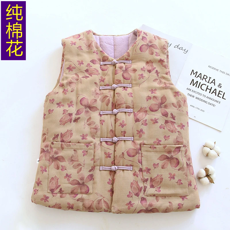 春季全棉手工棉花马甲棉保暖背心中老年人中式盘扣马夹坎肩国风