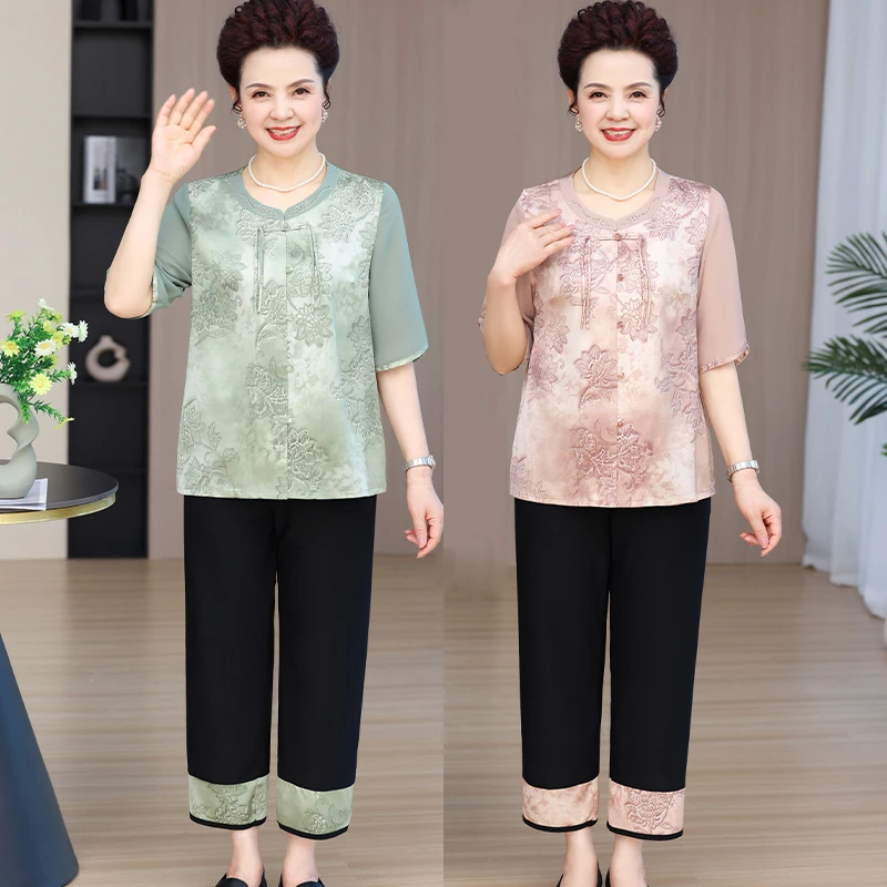 中老年人夏装衬衫女奶奶装衬衣妈妈夏天衣服太太七分袖薄上衣婆婆