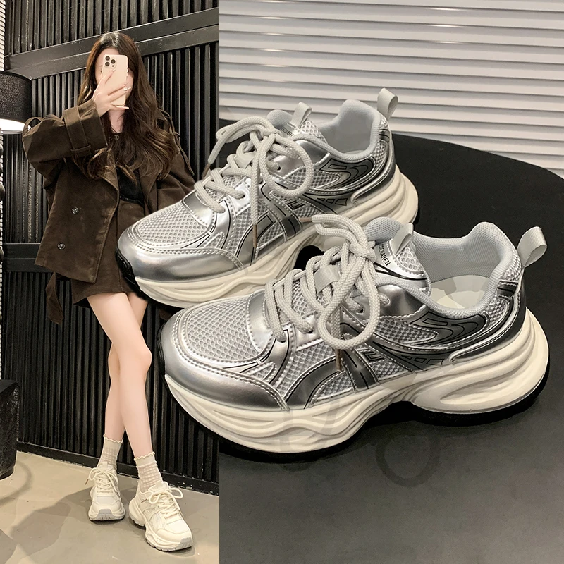 【雪辰甄选】2025秋季双网厚底百搭女ins超火潮时尚休闲老爹鞋