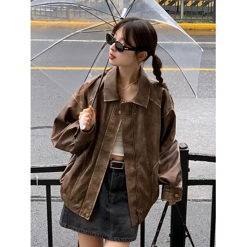 2025年复古感擦色做旧棕色皮衣女春秋宽松甜酷机车美式夹克短外套