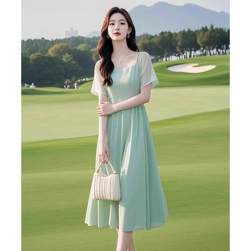 2025新款式气质绝美遮肚子显瘦仙女蓝色雪纺连衣裙子夏季长裙2025