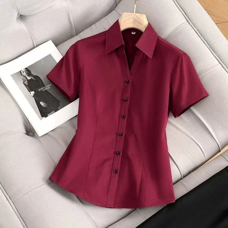 职业衬衫女短袖酒红色工装夏季气质V领正装白衬衣上班面试工作服