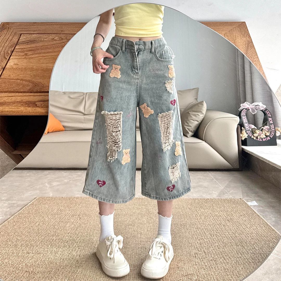 300斤大码女装小熊刺绣破洞牛仔七分裤女夏季新款梨型遮胯阔腿裤